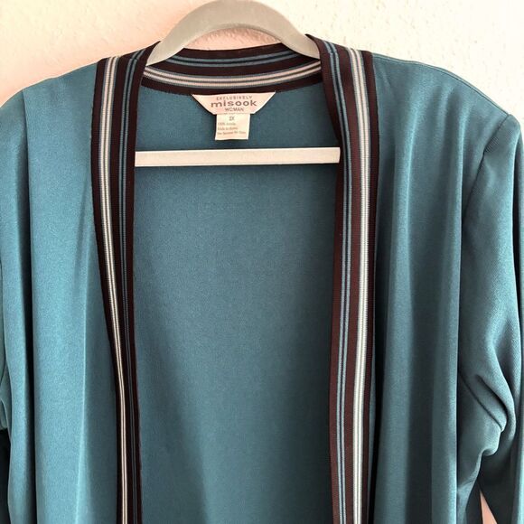 Misook Woman Teal Black Trim Knit Open Front Cardigan Jacket Sz 2XL - Picture 2 of 4